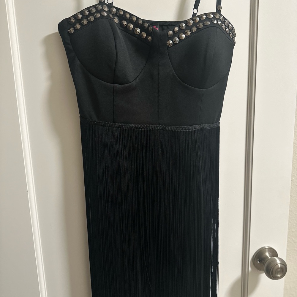 2B Bebe Black Strapless Fringe Dress